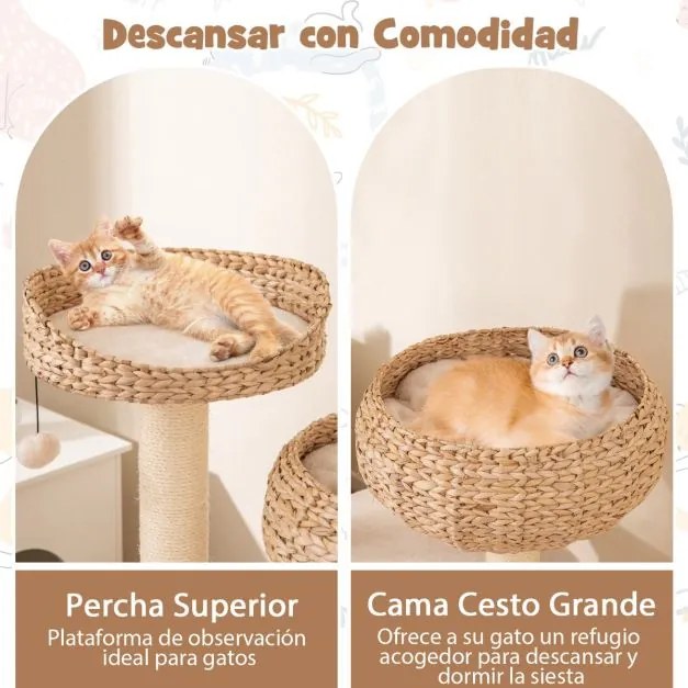Arranhador para gatos com poleiros 45 x 45 x 104 cm, camas em forma de cesta, bola pendurada, corda e paus para arranhar  Branco