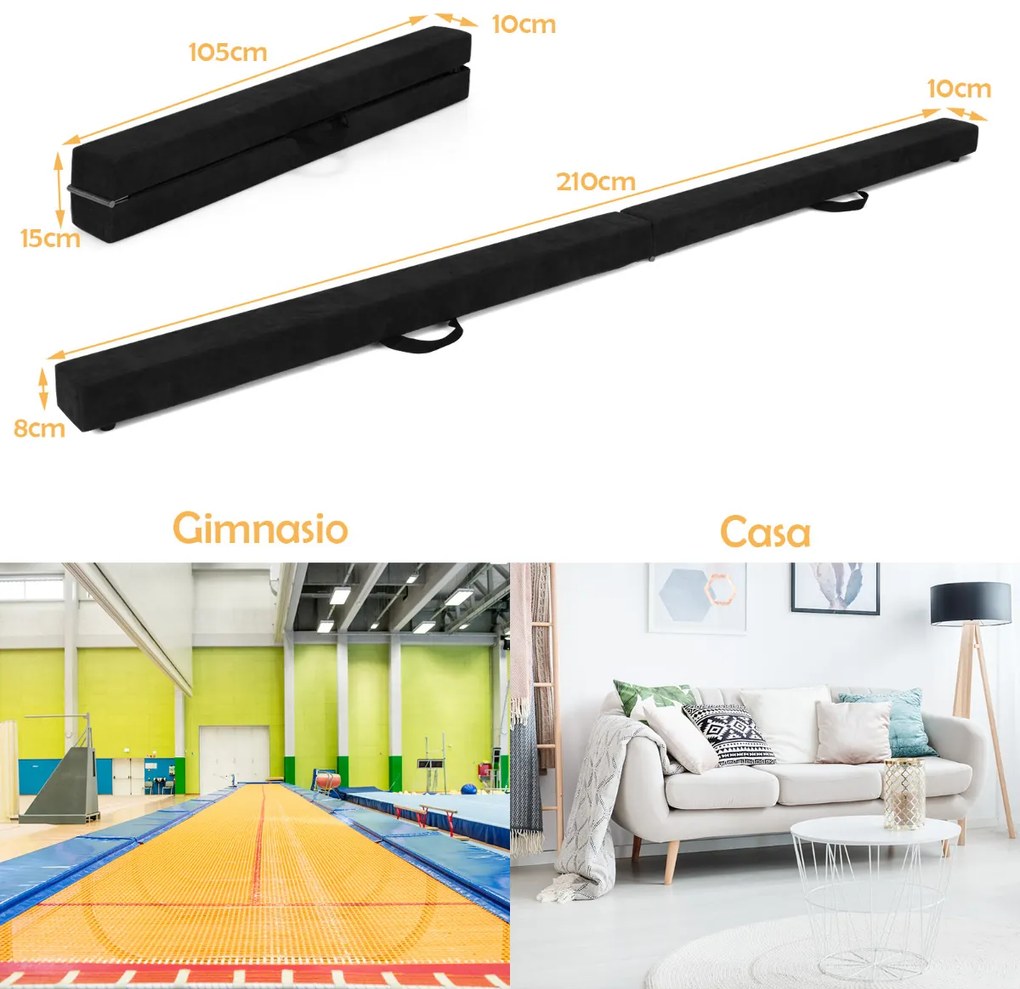 Barra ginástica de equilíbrio portátil para treino de ginástica Pista de equilíbrio dupla para crianças 210 x 10 x 8 cm Preto