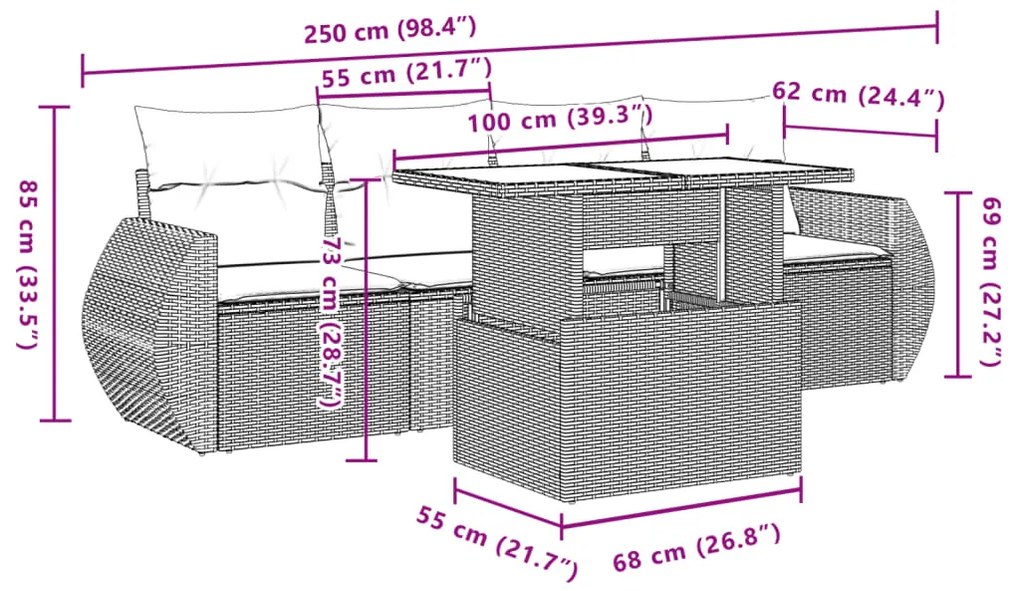 5 pcs conjunto sofás de jardim c/ almofadões vime PE cinzento