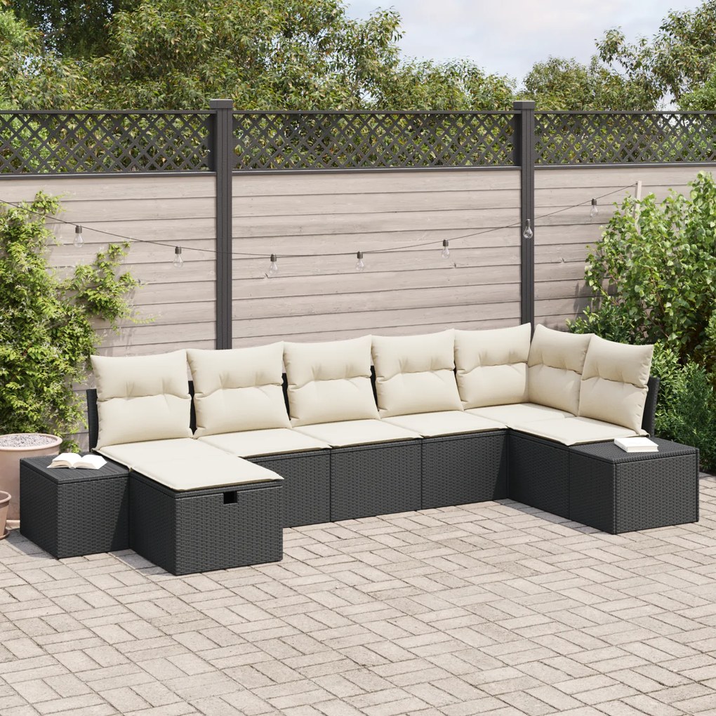 Conjunto de Sofá de 7 Peças para Jardim com Almofadas Preto Rattan Pol