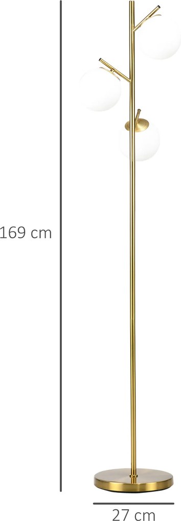 Candeeiro de pé para sala de estar em metal com 3 abajures esféricos brancos em vidro fosco, 40 W, Ø 27 x 169 cm (altura), acabamento dourado