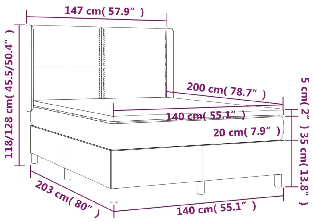 Cama box spring c/ colchão/LED 140x200cm couro artificial preto