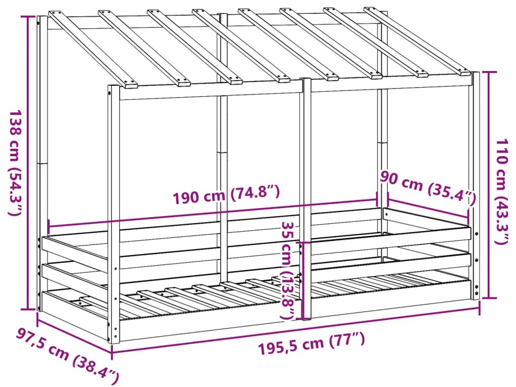 Cama infantil com telhado 90x190 cm madeira de pinho maciça