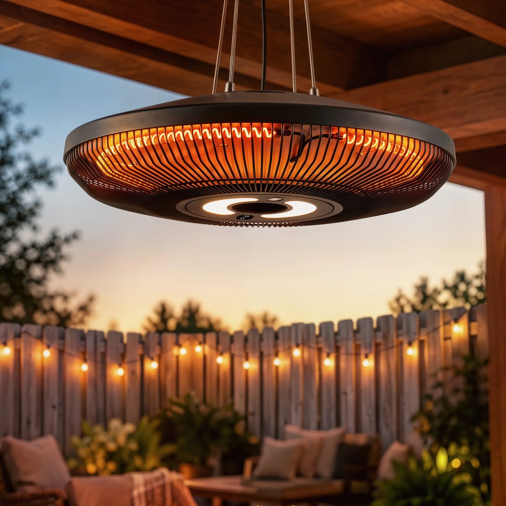 Aquecedor Elétrico Suspenso para Exterior 1000/2000 W com Luz LED IP65 Controlo Tátil/Comando Preto