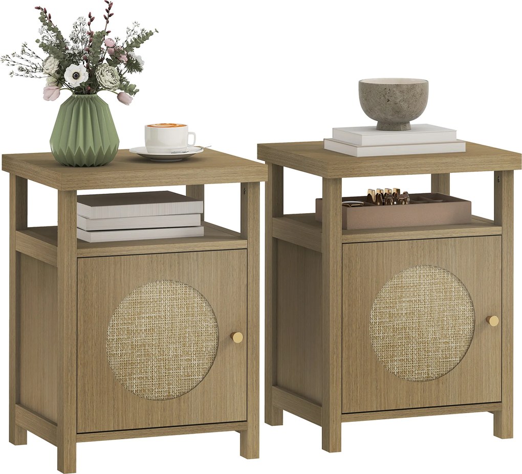 Conjunto de 2 mesas de cabeceira estreitas 40 x 35 x 55 cm,, com prateleira auxiliar, compartimento aberto e armário, acabamento em rattan, castanhas