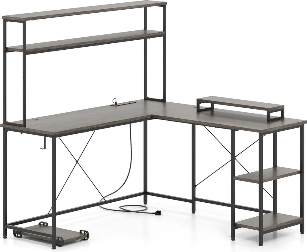 Secretária 145 x 145 x 147 cm em forma de L convertível com tomadas e portas USB e iluminação inteligente cinzento