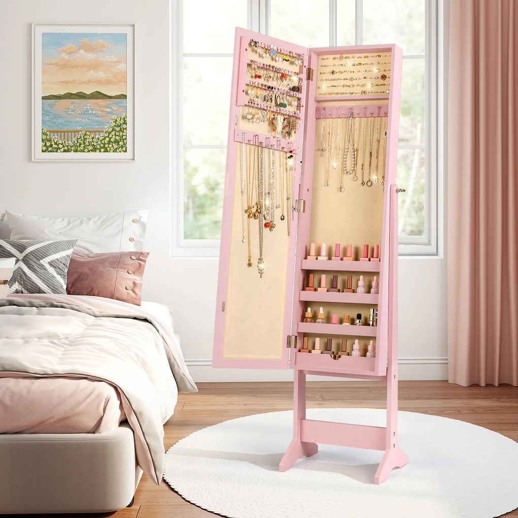 Armário de Joias com Espelho, 35 x 30 x 144 cm, Arrumação Compartimentada, Rosa