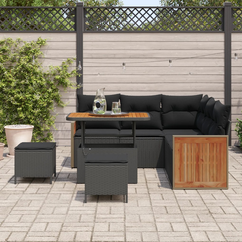 Conjunto de Sofá de Jardim vidaXL 8 Peças com Almofadas Preto Rattan P