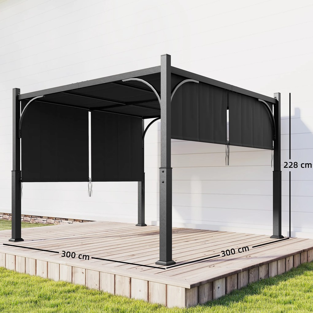 Pérgula de jardim de 3 x 3 m com Tenda deslizante, estrutura metálica, para exterior, cinzento escuro