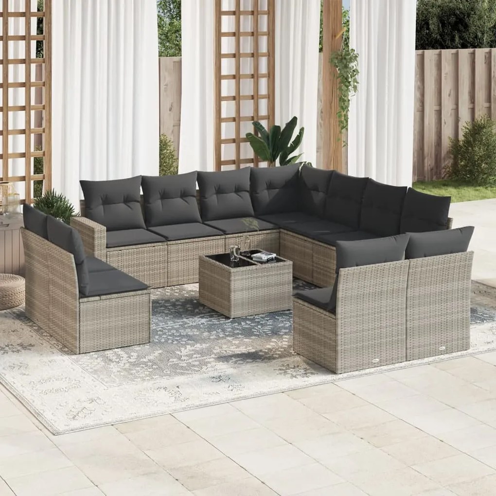 vidaXL 12 pcs conj. sofás jardim com almofadões vime PE cinzento-claro