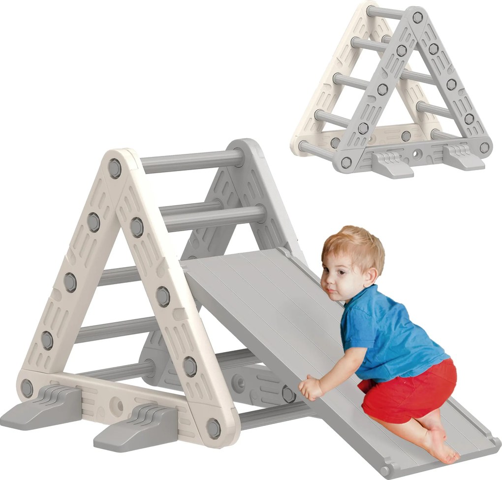 Triângulo de Escalada para Crianças de 18-48 Meses com Escorrega e Rampa 130x80x69 cm Cinza e Branco