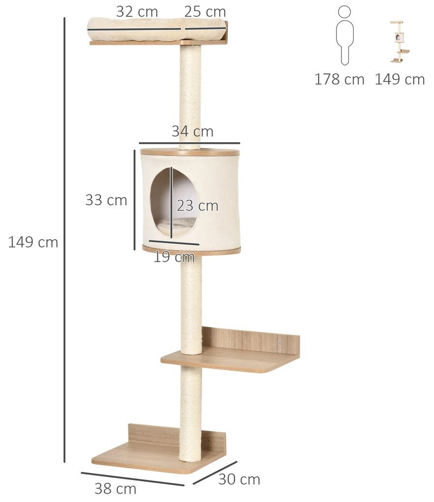 Árvore para Gatos de Parede com Múltiplas Plataformas Caverna Cama Superior Almofada Removível Postes Arranhadores de Sisal Torre para Escalar 38x30x1