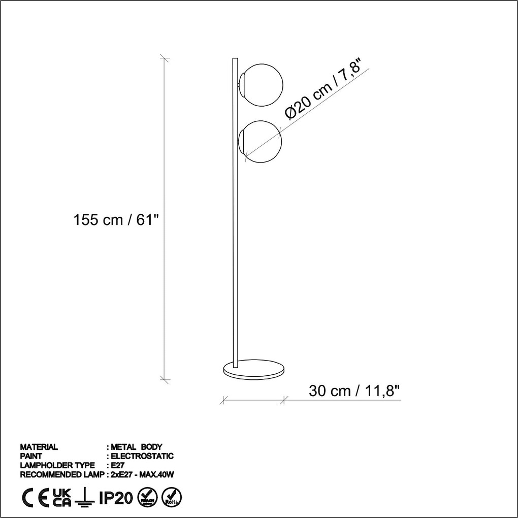 Candeeiro de Pé Dual – Preto – 30 x 30 x 155 cm