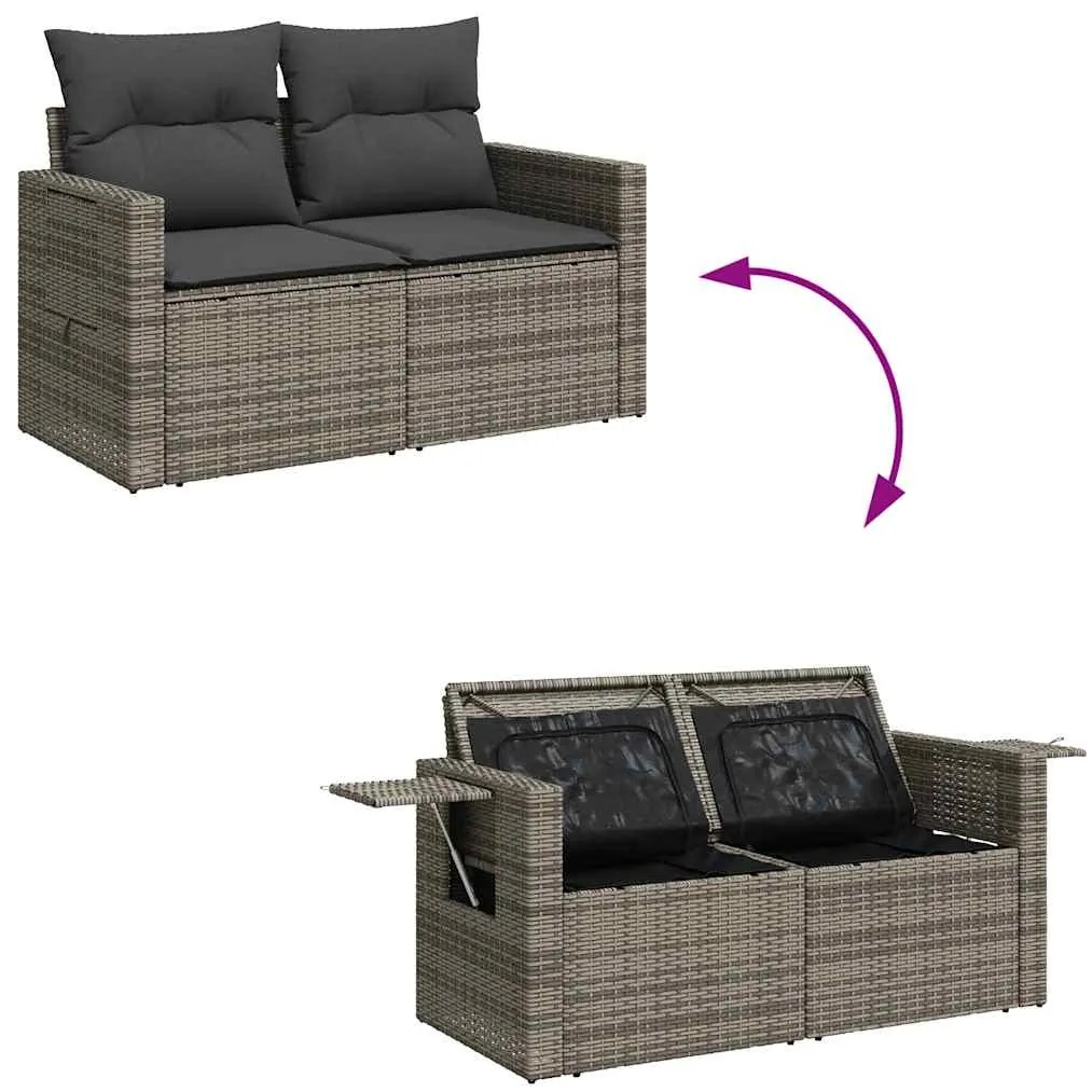 9 pcs conjunto sofás p/ jardim com almofadões vime PE cinzento