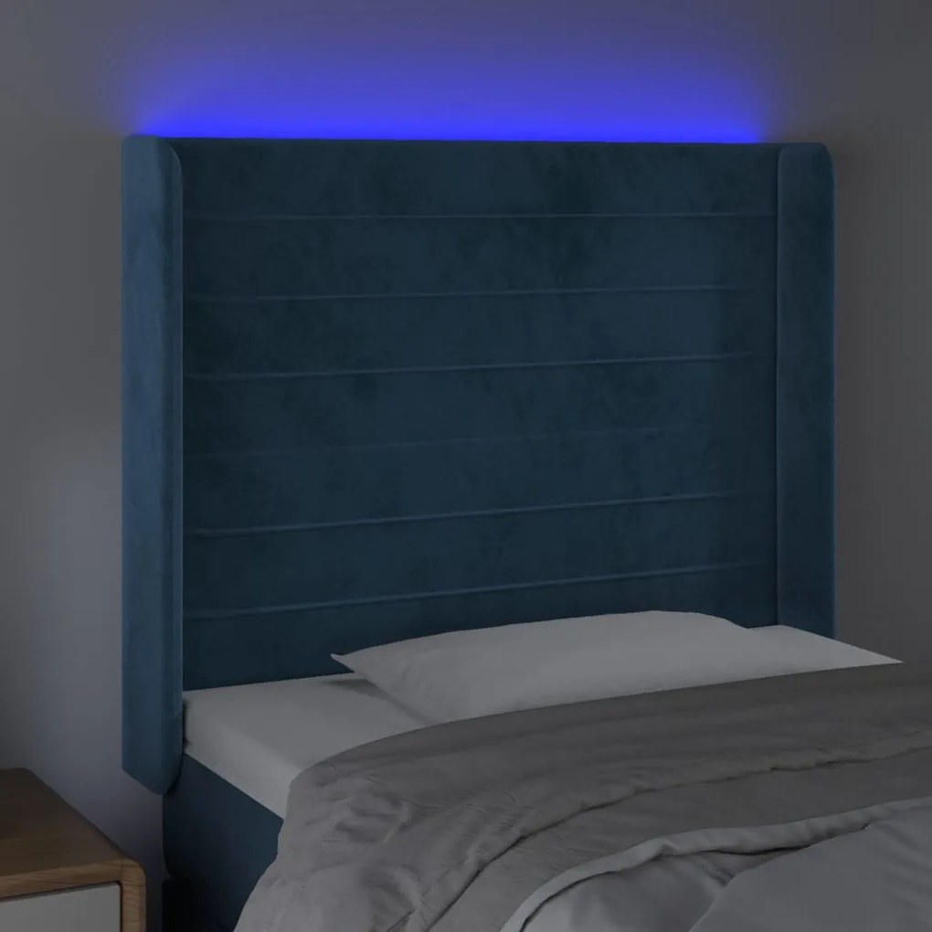 Cabeceira cama c/ luzes LED veludo 83x16x118/128 cm azul-escuro