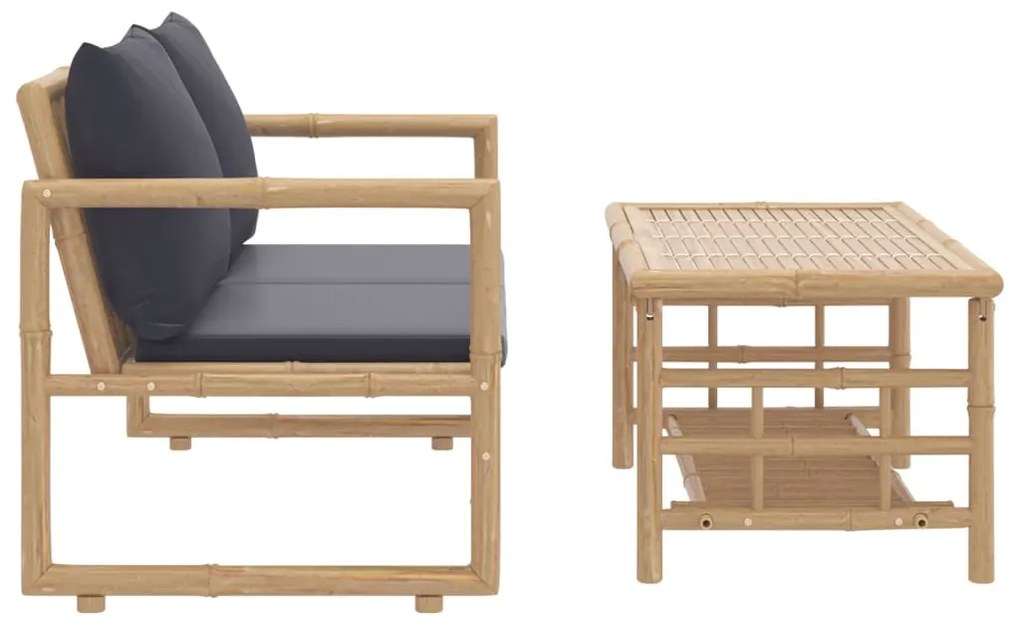 2pcs conj. lounge de jardim bambu c/ almofadões cinzento-escuro