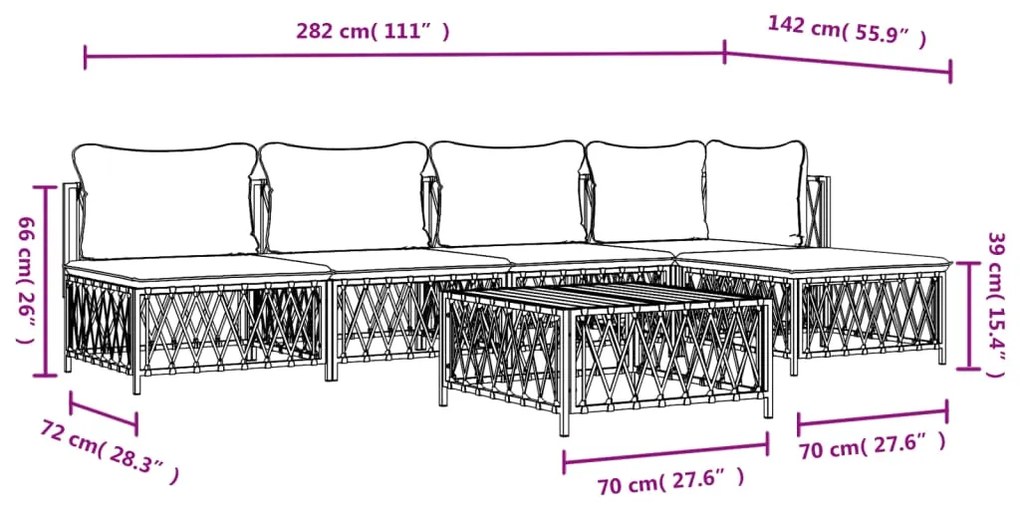 6 pcs conjunto lounge de jardim com almofadões aço branco