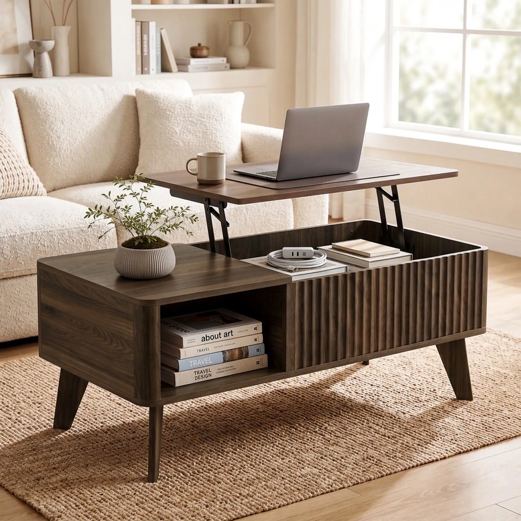 Mesa de Centro Elevatória 100x48x41 cm com Compartimento Oculto e Prateleiras Abertas 100x48x41-56 cm Cor Nogueira