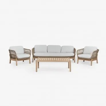 Conjunto De Jardim Com Sofá De 3 Lugares, 2 Poltronas E Mesa De Centro Em Madeira De Acácia E Corda Trançada Karvia Marrom Acácia Claro & Tecido Branc