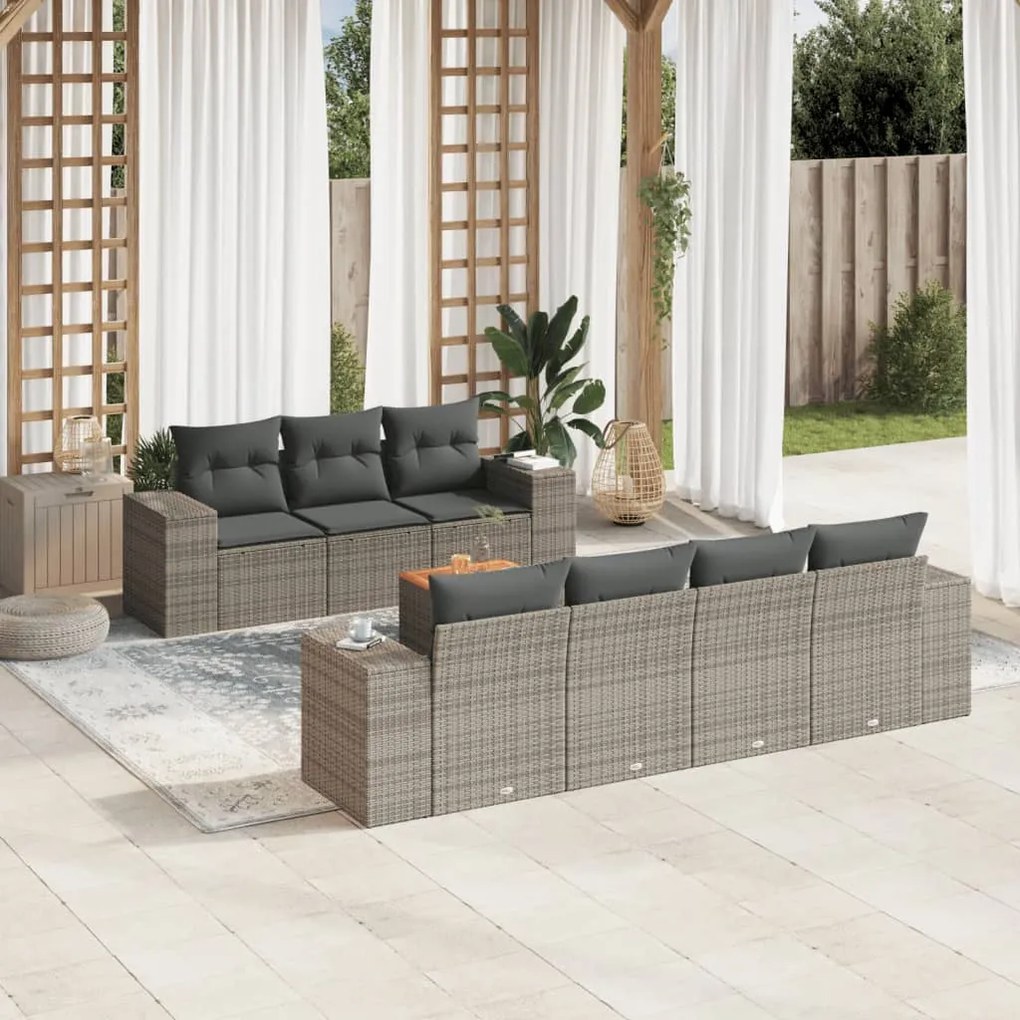 vidaXL 8 pcs conjunto sofás de jardim c/ almofadões vime PE cinzento