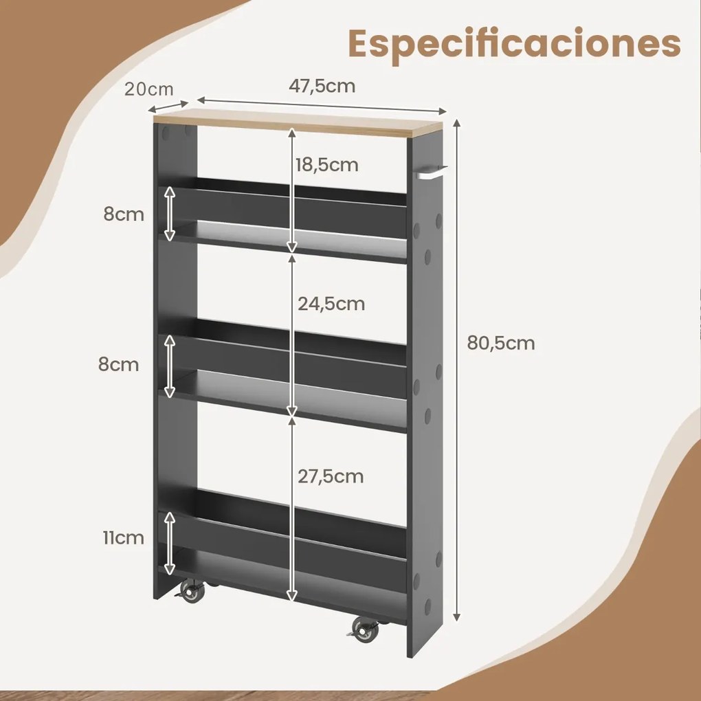 Carrinho de cozinha estreito 47,5 x 20 x 80,5 cm de 4 níveis com rodas com pega e estantes abertas para espaços pequenos Cinzento