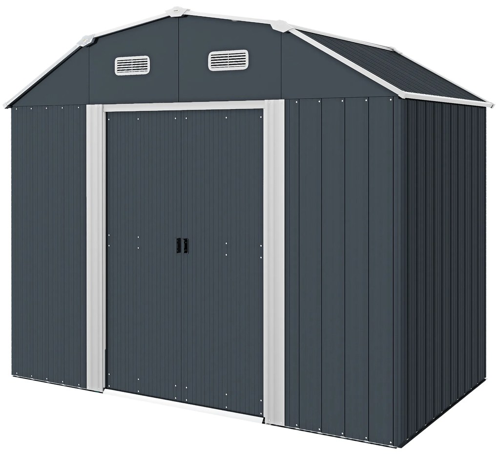 Outsunny Abrigo de Jardim 2,7 m² 238x132x198,5 cm com Base Prateleiras Ajustáveis 2 Portas e 2 Janelas de Ventilação Cinza Escuro | Aosom Portugal