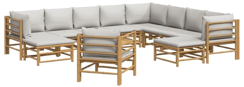 12pcs conj. lounge de jardim bambu c/ almofadões cinzento-claro