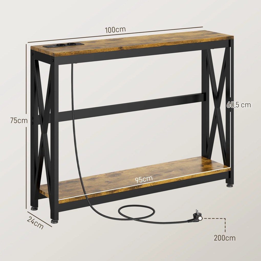 Mesa Consola de Estilo Industrial Mesa de Entrada de 2 Níveis com Estação de Carregamento 100x24x75 cm Castanho Rústico