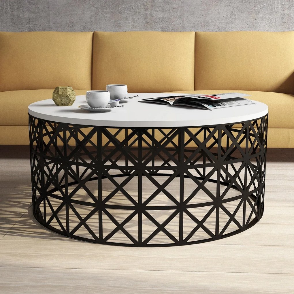 Mesa de Centro Selin Metal Ferforje – Branco/Preto – 90x90x38 cm