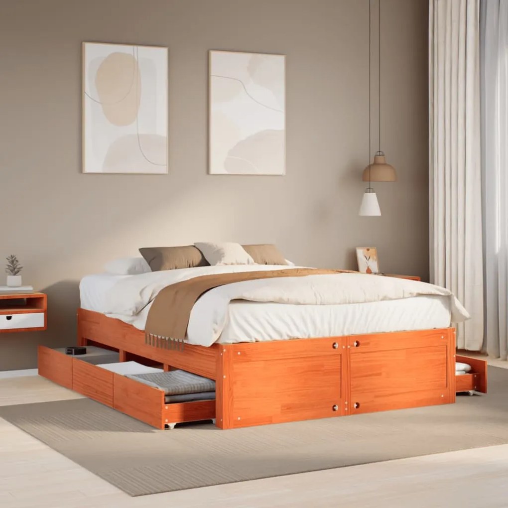 Cama sem colchão com gavetas pinho maciço castanho-mel