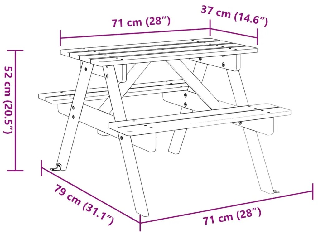 Mesa piquenique 4 crianças c/ orifício guarda-sol abeto maciço