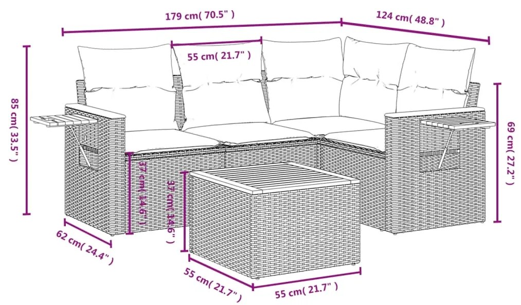 5 pcs conjunto de sofás p/ jardim com almofadões vime PE bege