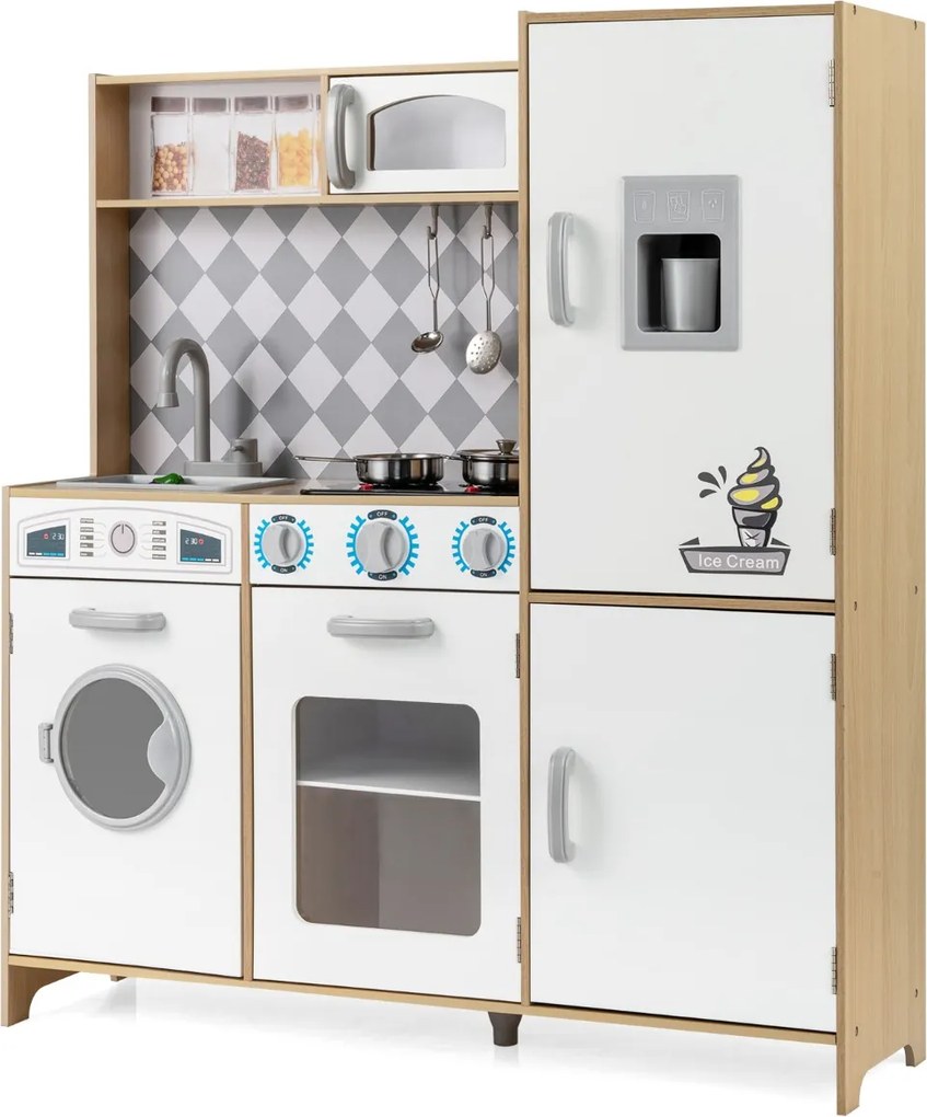 Cozinha de brincar em madeira 91 x 30 x 102 cm com máquina de gelo, fogão, máquina de lavar, forno, micro-ondas, sons e luzes reais para crianças com