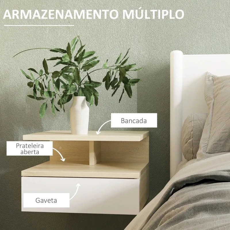 Conjunto de 2 Mesinhas de Cabeceira Jula de Parede - Branco/Carvalho -