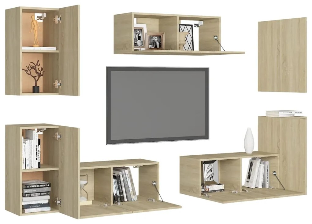 7pcs conjunto de móveis de TV derivados madeira carvalho sonoma
