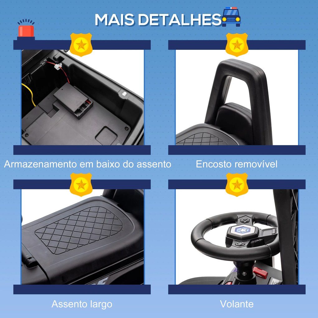 HOMCOM Carro Andador de Policia para Bebé de 18-60 Meses Carro sem Pedais com Buzina Megafone Compartimento de Armazenamento e Encosto Removível 62x29x43cm Preto