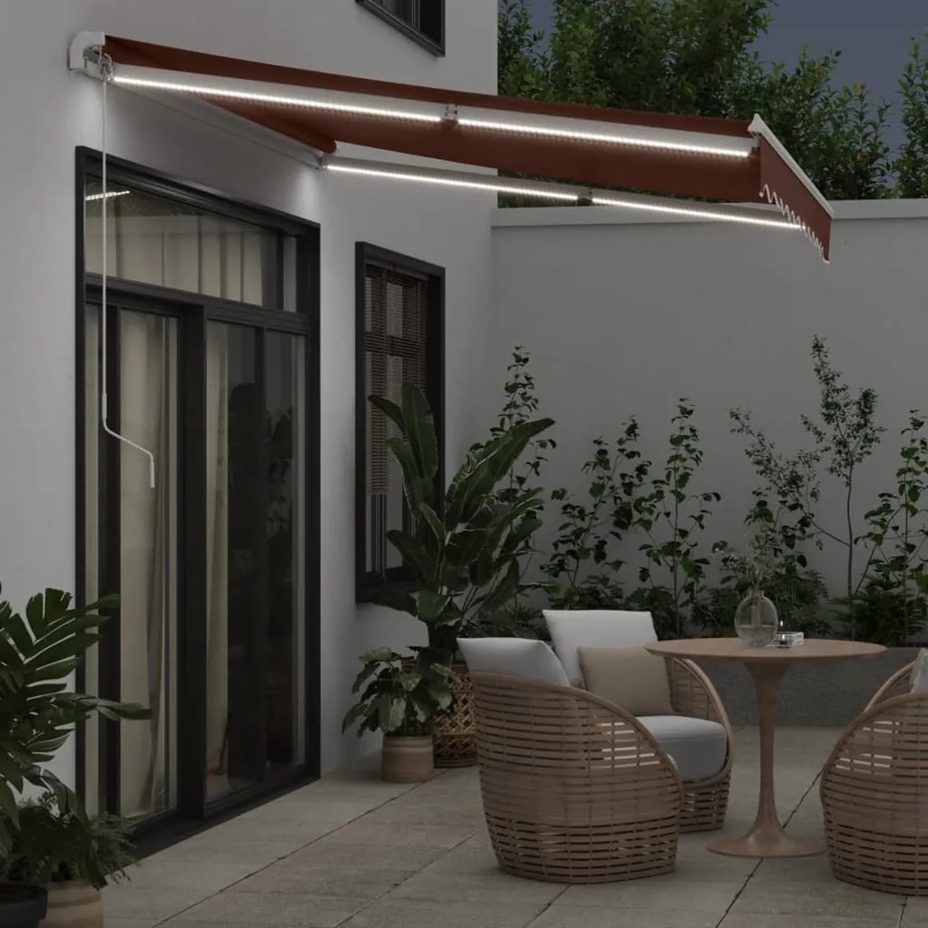 Toldo retrátil manual com luzes LED 300x250 cm castanho