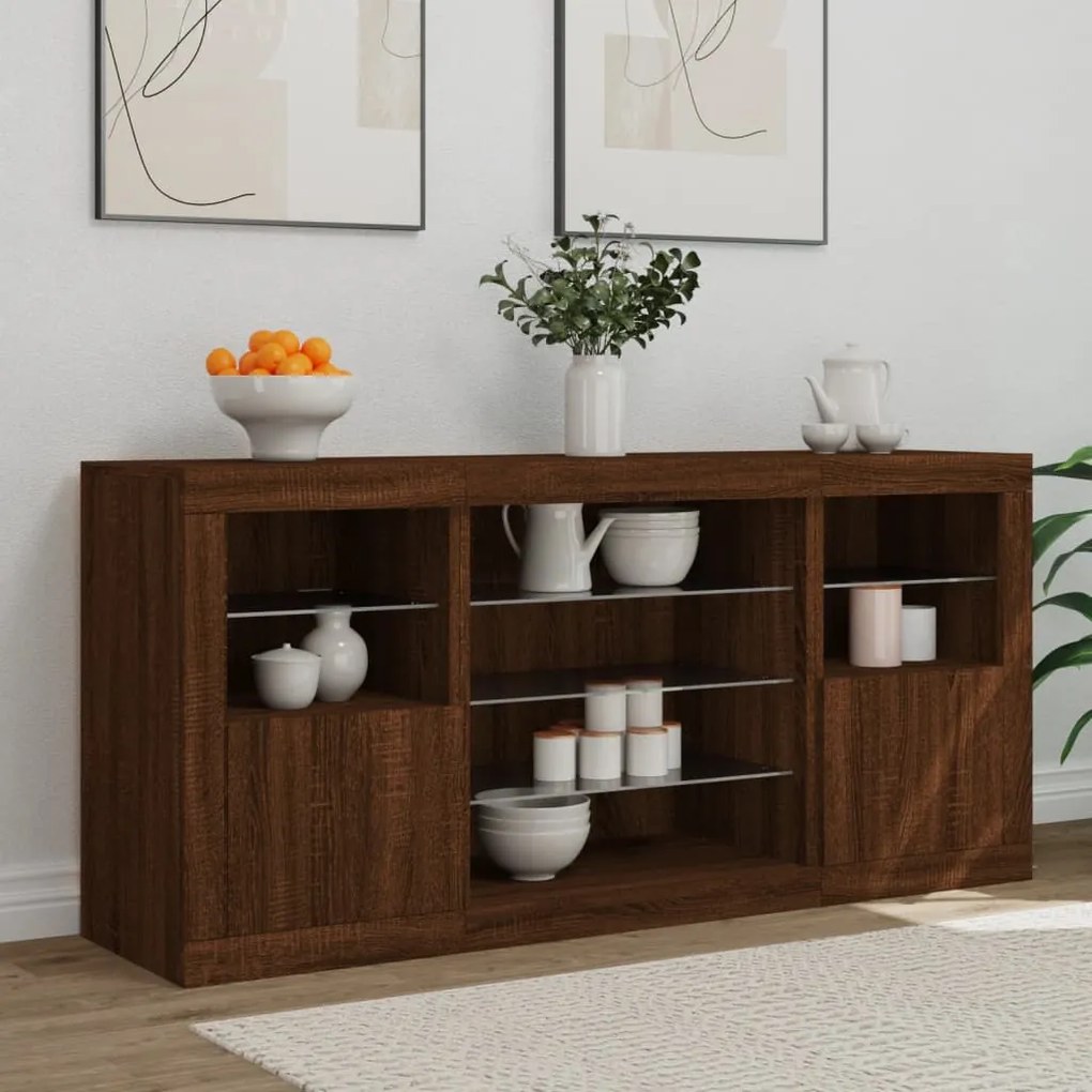 Aparador com luzes LED 142,5x37x67 cm carvalho castanho