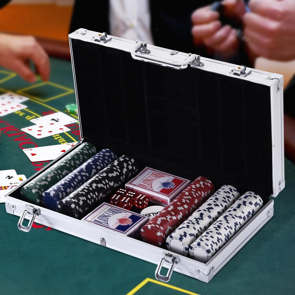 HOMCOM Mala de Poker Profissional com 300 Fichas Jogo de Poker Casino com Mala de Alumínio 5 Dados 2 Baralhos de Cartas e 1 Ficha de Dealer 38x20,5x6,5cm Multicor