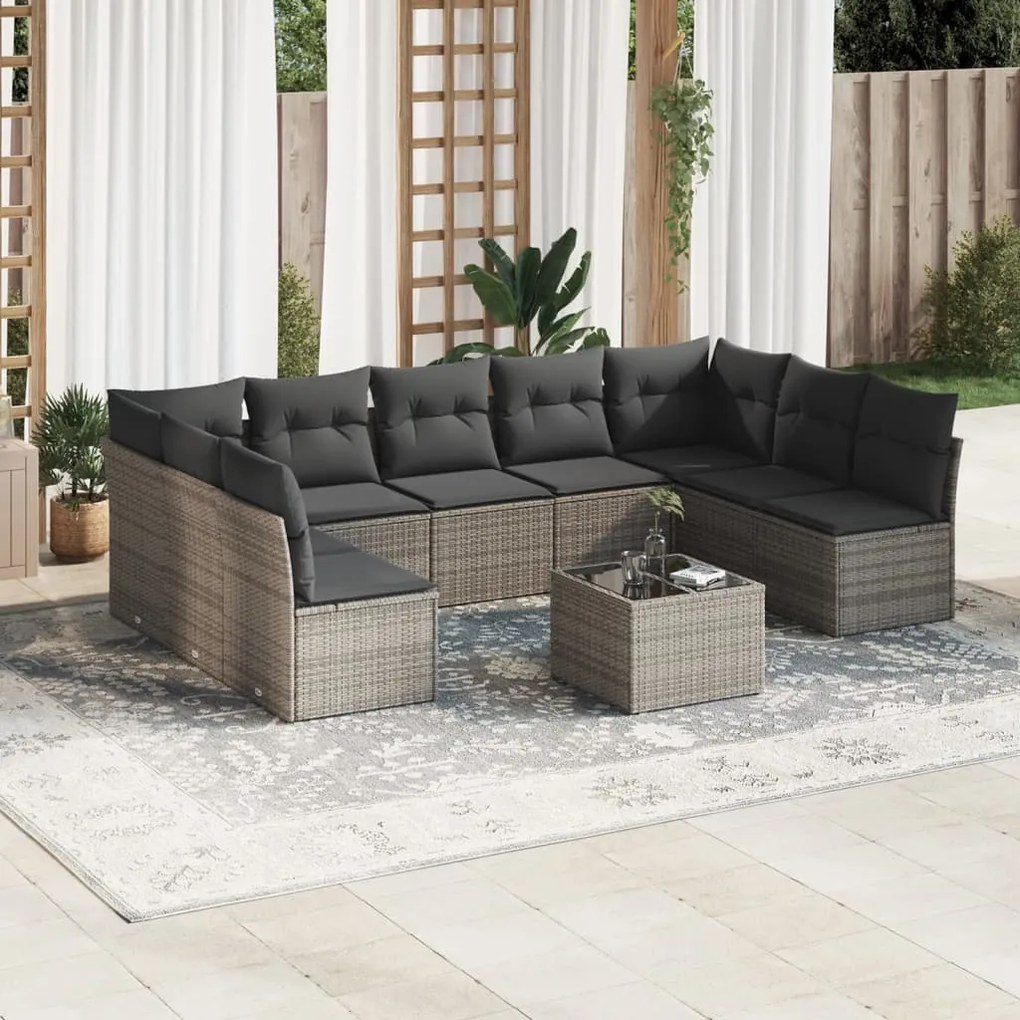 10 pcs conjunto sofás de jardim c/ almofadões vime PE cinzento