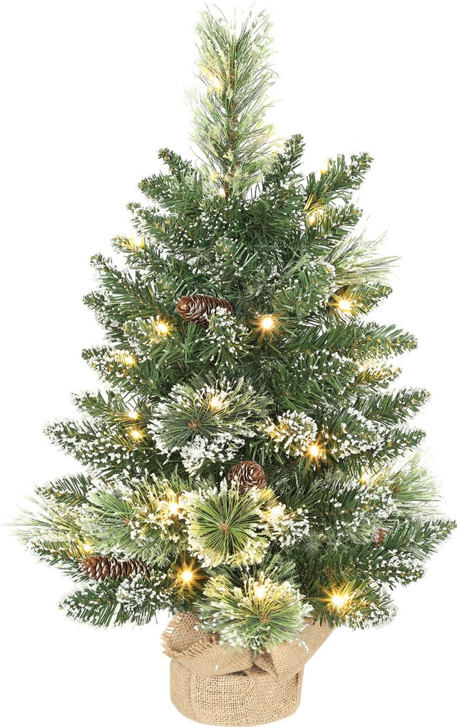 HOMCOM Mini Árvore de Natal Artificial com 35 Luzes LED 60 cm 64 Ramos com Neve Pinha Bagas e Base de Saco de Juta Ø41x60 cm Verde | Aosom Portugal