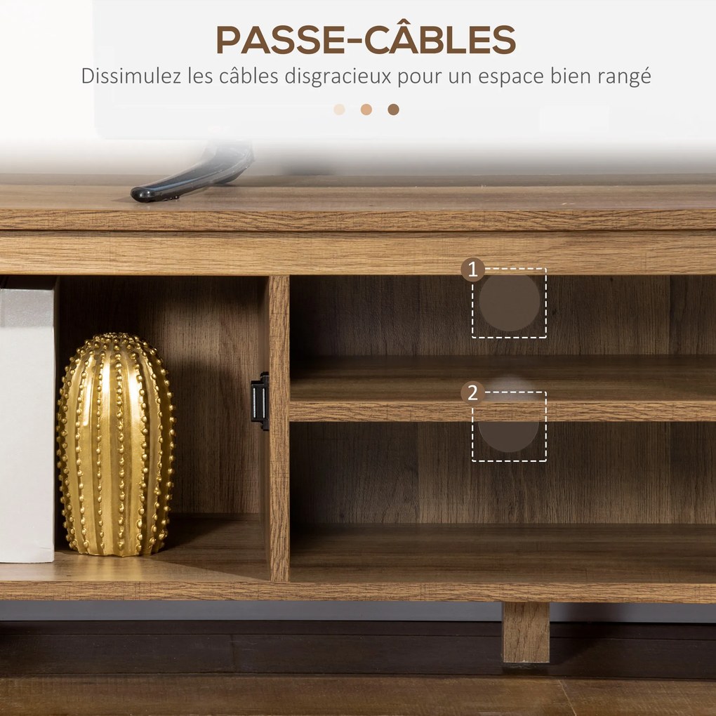 Móvel para TV com banco,109 x 35  x 38 cm, design industrial, com 2 armários, 2 compartimentos abertos, 2 passas-cabos, acabamento em madeira com veio