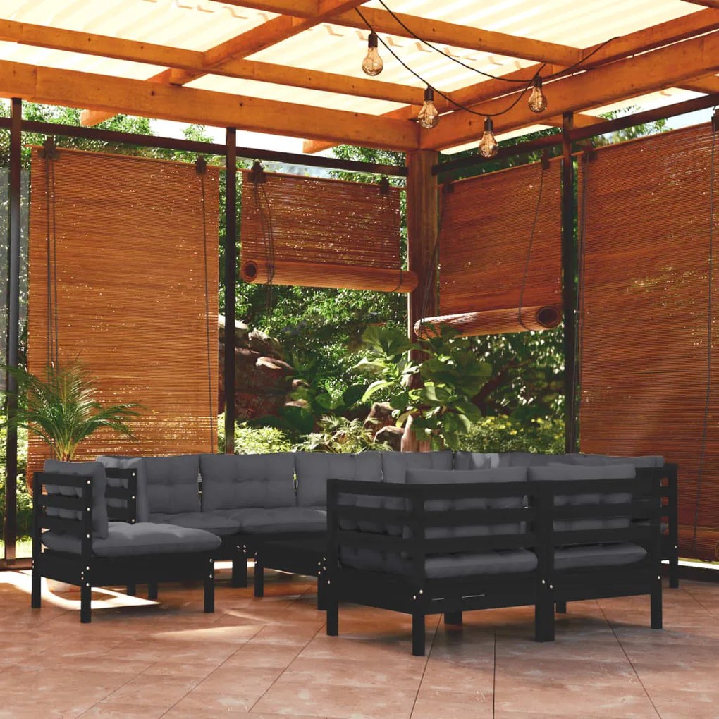 vidaXL 10 pcs conjunto lounge jardim c/ almofadões pinho maciço preto