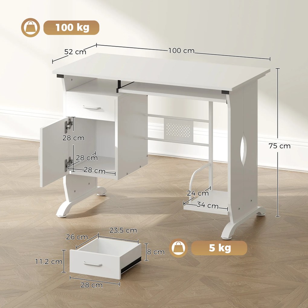 Secretária para computador, 100 x 52 x 75 cm, prateleira deslizante para teclado, gavetas e suporte para unidade central, branca