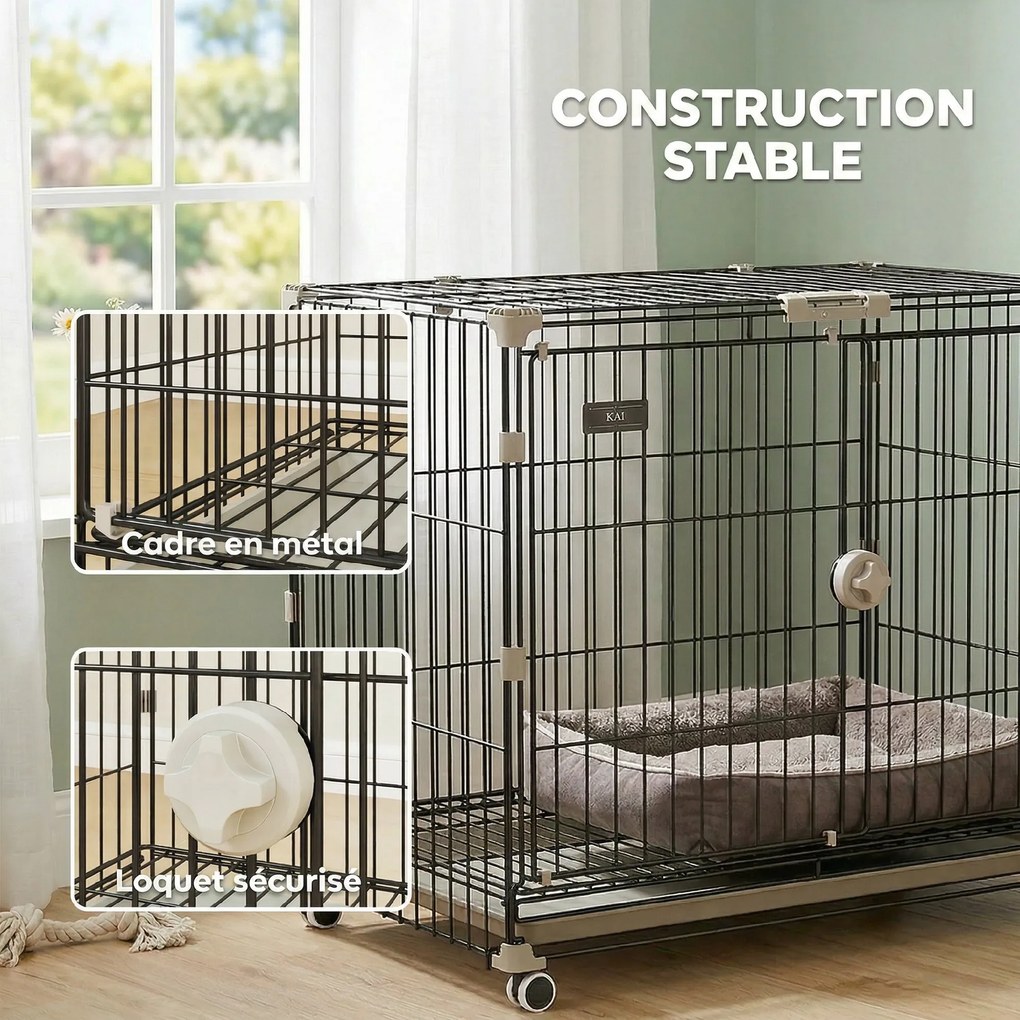 Gaiola dobrável para cães 75,5 x 46 x 64,5 cm, tabuleiro removível, rodas com travões, teto abrível com fecho de segurança, preta