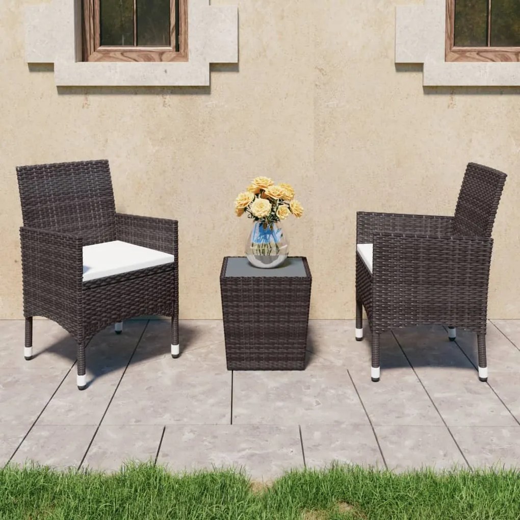 vidaXL 3 pcs conjunto de bistrô vime PE e vidro temperado castanho