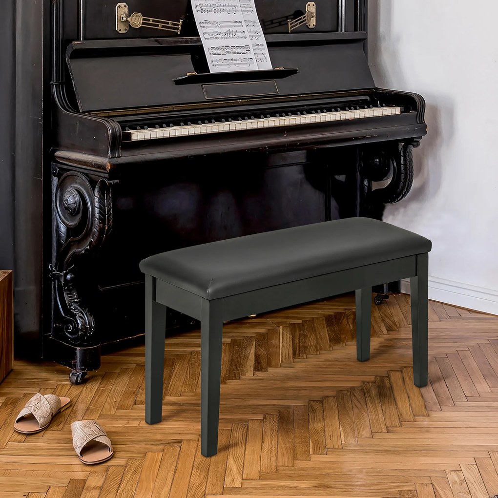 Banco de piano com assento almofadado, pés em madeira maciça e revestimento sintético, 75 x 35 x 49 cm, preto