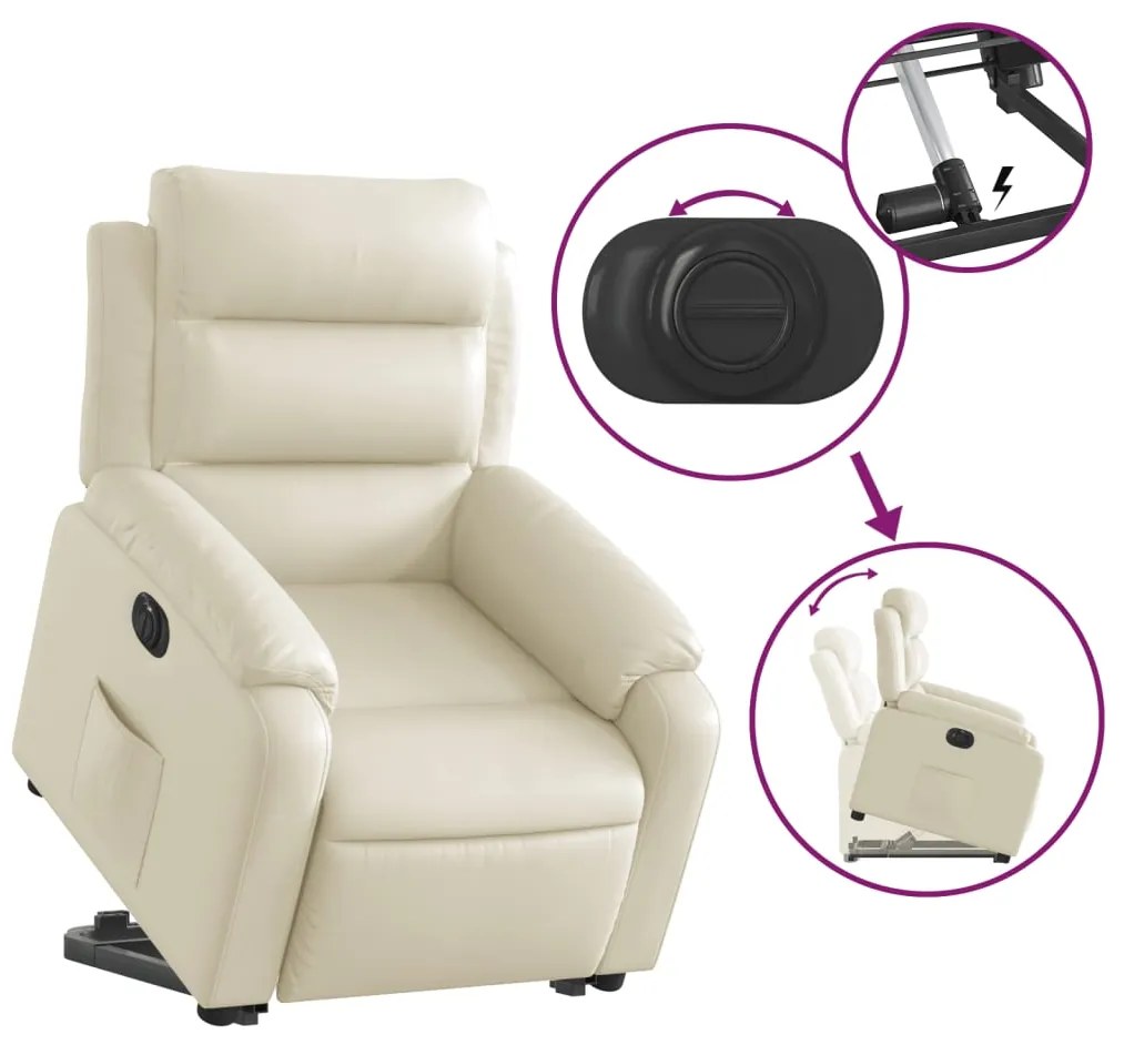 Poltrona reclinável elevatória elétrica couro artificial creme