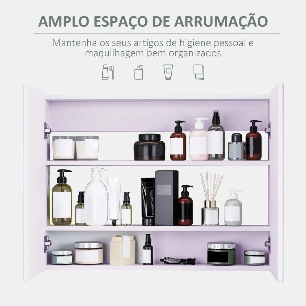 Armário Casa de Banho com Espelho com 2 Portas 3 Prateleiras Internas Estilo Moderno 80x15x60 cm Roxo Claro