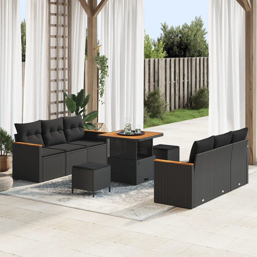 Conjunto de Sofá de Jardim em 9 Peças com Almofadas Preto Rattan Polip